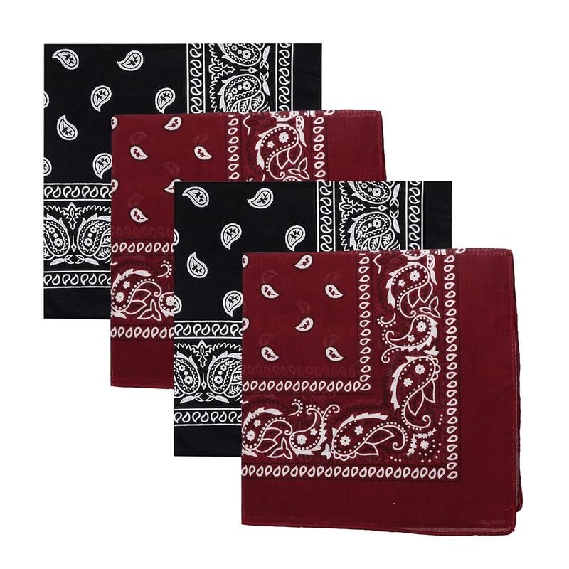 DIKHAWA Unisex Soft Breathable Cotton Paisley Printed Cowboy Bandanas,Headband,Scarf (BLACK,BURGUNDY_50CM X 50CM_Pack of 4) - Image 1