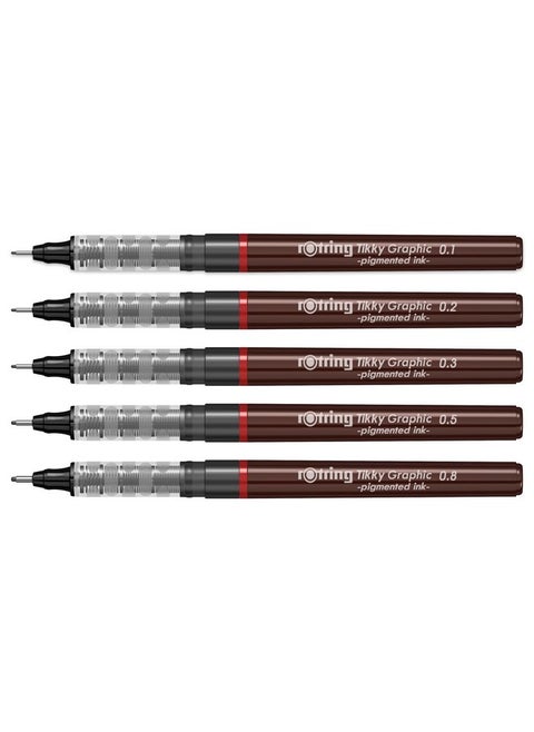 Rotring 0.1mm, 0.2mm, 0.3mm, 0.5mm, 0.8mm Line Thickness Tikky Graphic Fineliner with Black Pigmented Lightfast And Water Resistant Ink For Long Life Drawings, Sketching, Non-Refillable, 5 Pen Set
