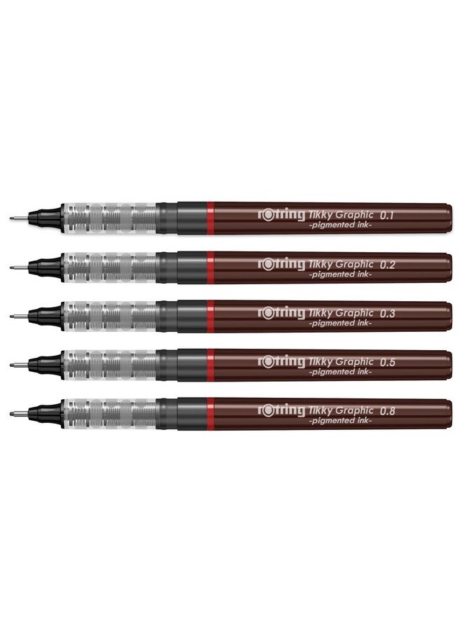 Rotring - Rotring 0.1mm, 0.2mm, 0.3mm, 0.5mm, 0.8mm Line Thickness Tikky Graphic Fineliner with Black Pigmented Lightfast And Water Resistant Ink For Long Life Drawings, Sketching, Non-Refillable, 5 Pen Set - Image 1