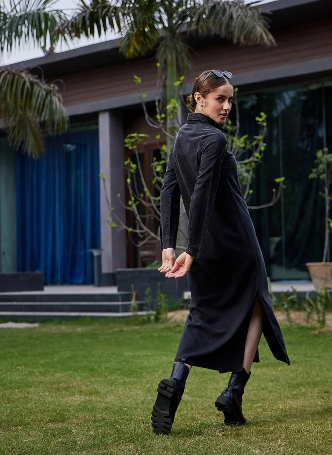 SASSAFRAS Black Cotton Midi Dress For Women
