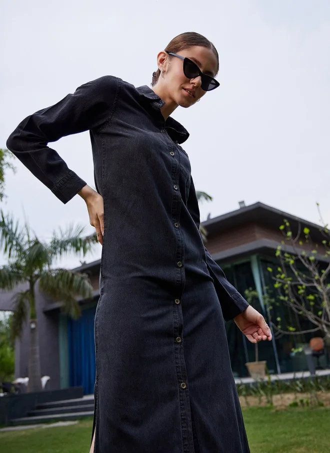 SASSAFRAS Black Cotton Midi Dress For Women