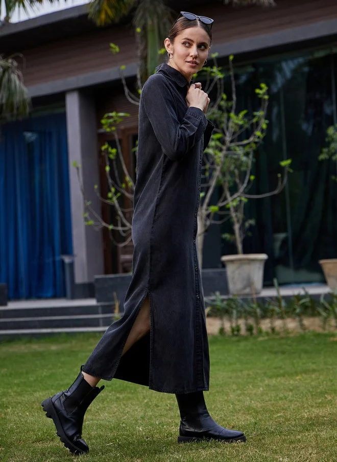 SASSAFRAS Black Cotton Midi Dress For Women