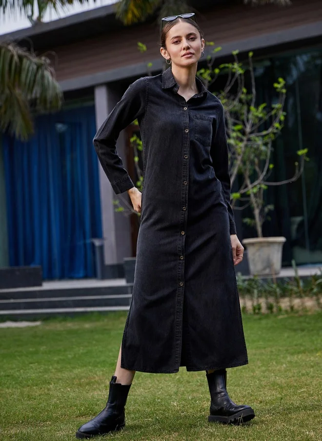 SASSAFRAS Black Cotton Midi Dress For Women