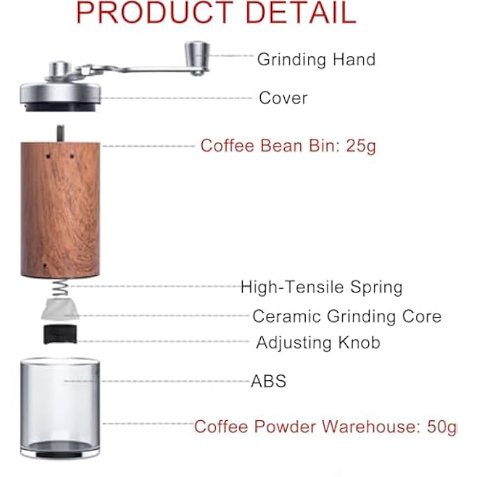 HYRAINBOW Manual Coffee Grinder Coffee Bean Grinder With Adjustable Settings Stainless Steel Hand Coffee Mill Coffee Grinder Manual For Camping Home And Office Metallic Wood - Image 3