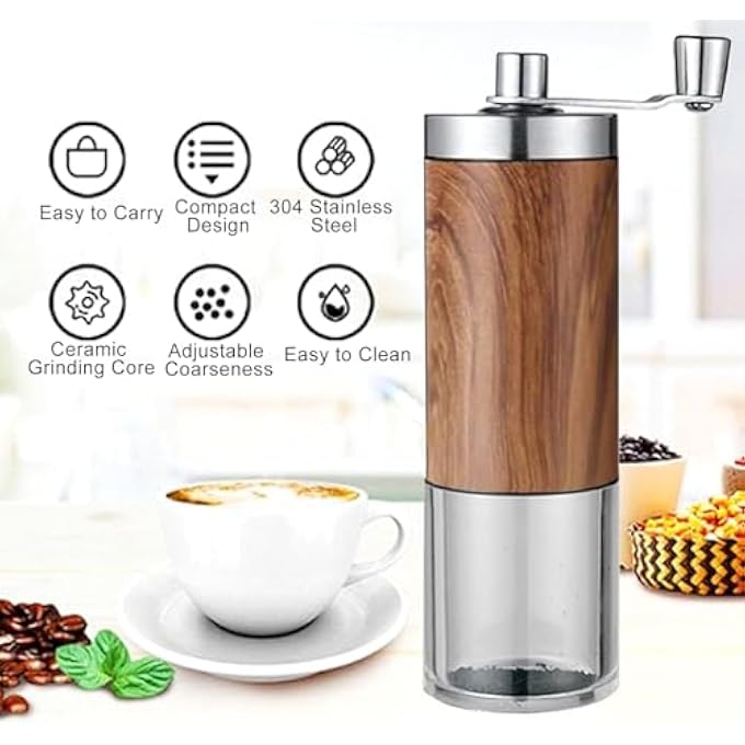HYRAINBOW Manual Coffee Grinder Coffee Bean Grinder With Adjustable Settings Stainless Steel Hand Coffee Mill Coffee Grinder Manual For Camping Home And Office Metallic Wood - Image 2