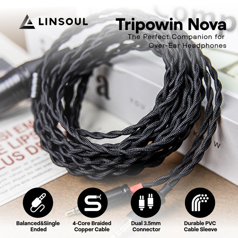 Linsoul Tripowin Nova Monitor Headphone Cable, Over-Ear Headphone Wire, 4-Strand Silver Foil/OCC Hybrid Upgrade Cable, 2M, Dual 3.5mm to 4.4mm/3.5mm/XLR Plug, for Musicians Audiophiles (4.4mm, Black) - Image 2