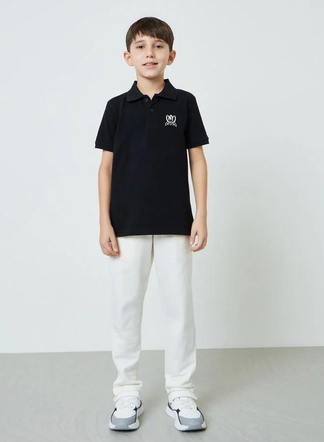 Styli Boys Black Chest Print Knitted Regular Fit Polo T-Shirt