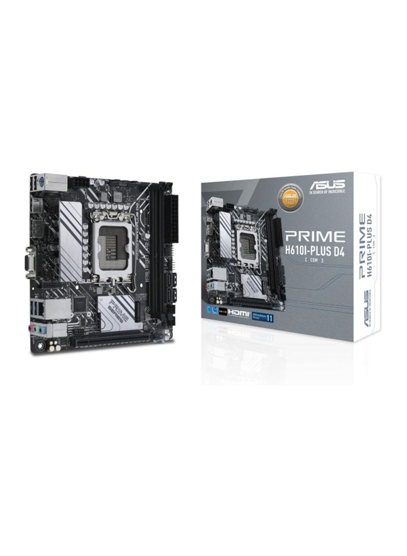 ASUS Prime H610I-PLUS D4 Mini-ITX Motherboard, LGA1700 Intel 12th/13th/14th Gen, 2x DDR4 Slots, PCIe 4.0 x16, M.2 + 4x SATA, HDMI/DP/VGA, USB 3.2 & 2.0, Realtek 7.1 Audio, H610 Chipset | 90MB1B20-M0EAYC - Image 1