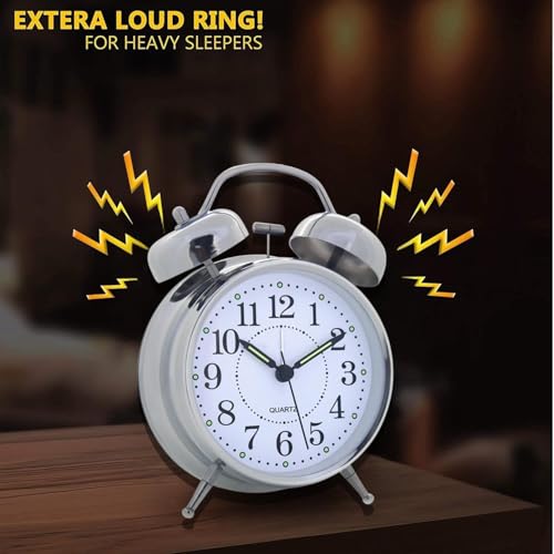 PHvilla Table Analog Clock Retro Twin Bell Metal Frame with Night Backlight Function Super Loud Alarm Clock for Heavy Sleepers Adults, Twin Bell Retro Quartz with Backlight (Silver), 9*12 Cm - Image 2