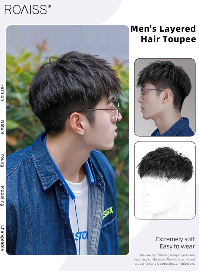 رويس باروكة شعر مستعار متعددة الطبقات للرجال، باروكة شعر غير مرئية من الأعلى، قطع شعر أسود طبيعي، باروكة شعر بشري حقيقي للرجال لتغطية الشعر الأبيض أو المتساقط، للارتداء اليومي - Image 2