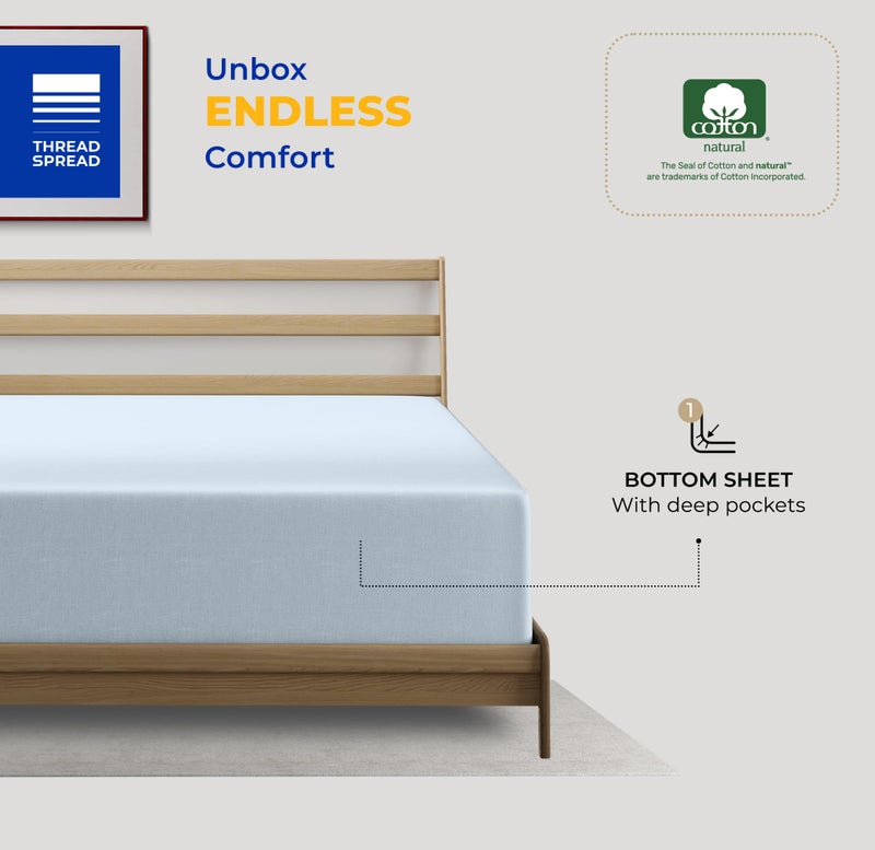 THREAD SPREAD Queen Size Fitted Sheet Only - 100% Egyptian Cotton 600 Thread Count Deep Pocket Queen Fitted Sheet  Fitted Sheet Queen Size  Sateen Bottom Sheet  Fits Mattress Upto 18""- Light Blue - Image 3