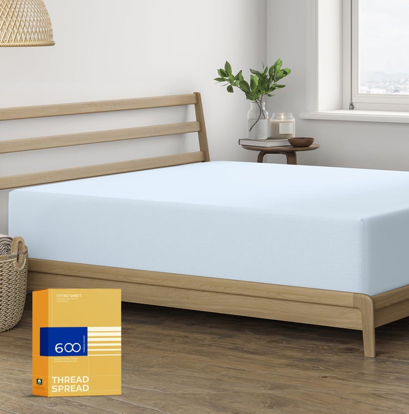 THREAD SPREAD Queen Size Fitted Sheet Only - 100% Egyptian Cotton 600 Thread Count Deep Pocket Queen Fitted Sheet  Fitted Sheet Queen Size  Sateen Bottom Sheet  Fits Mattress Upto 18""- Light Blue - Image 1