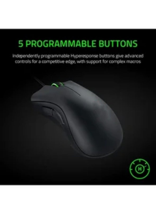 DeathAdder Essential Wired Gaming Mouse with 6,400 DPI Optical Sensor, 5 Prog Buttons, Mechanical Switches, Ergonomic Form Factor, Standard Stock Feet, 10M Clicks, Black