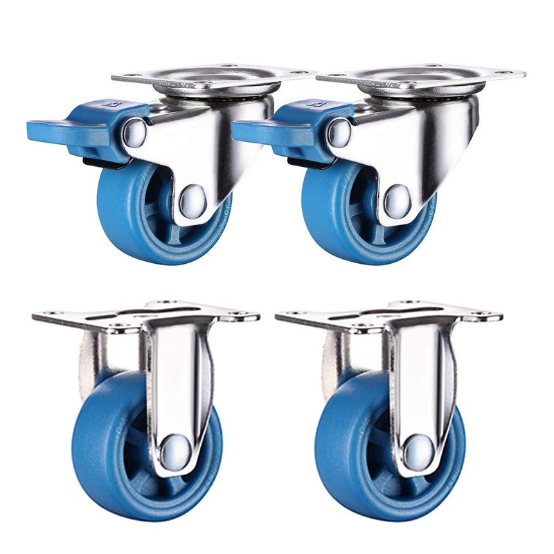 4 Pack Swivel Plate Casters 1 25 Inch Blue Brake And Fixed Wheels 90kg Capacity - Image 2