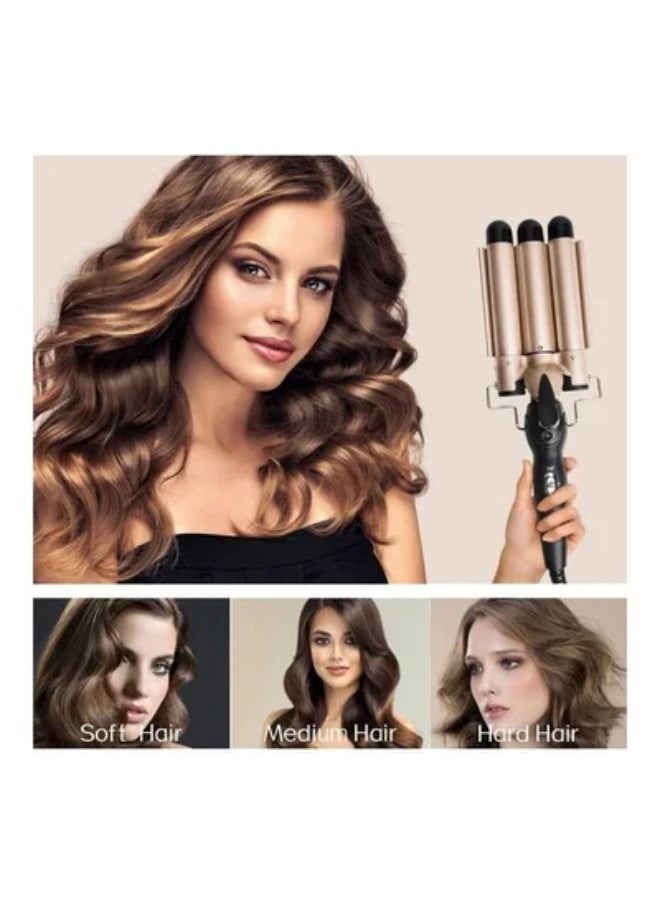 SHOPI 3 Barrel Curling Iron Professional Hair Curler Wand, Curling Tongs 3-Barrel Curling Iron Wand Hair Crimper, Heated Ceramic Hair Crimper Iron Golden/Black  - Image 4