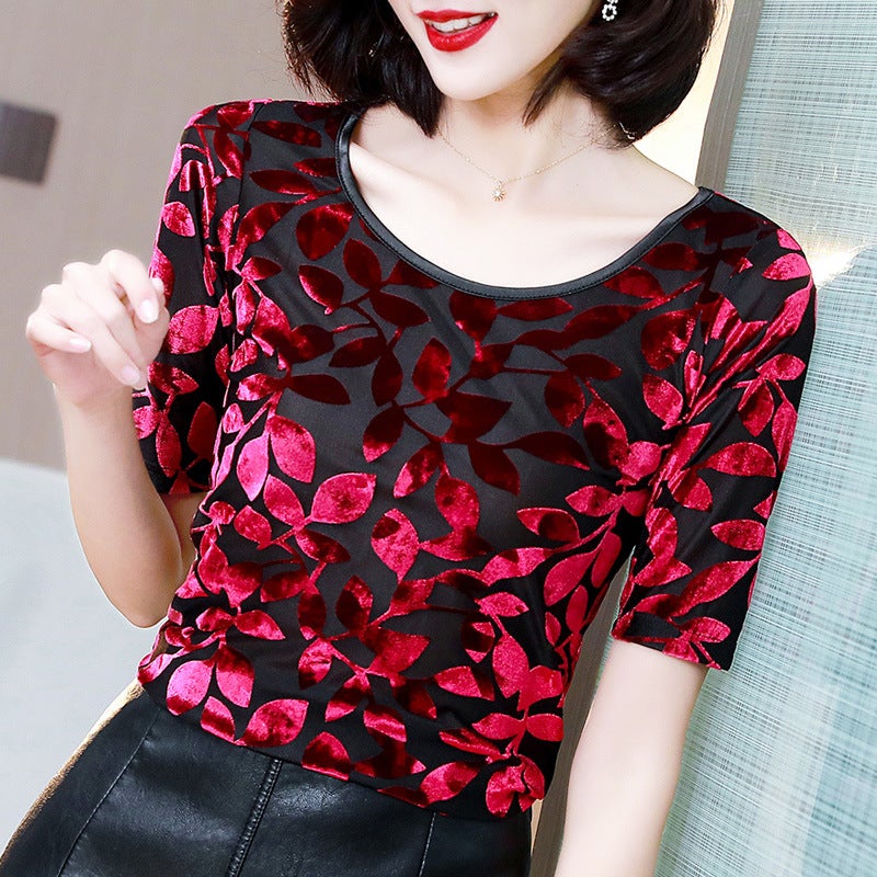 Real S Of New Round Neck Slim Fit Half-Sleeved Velvet Burnt Leaf Mesh T-Shirt For Women - Image 2