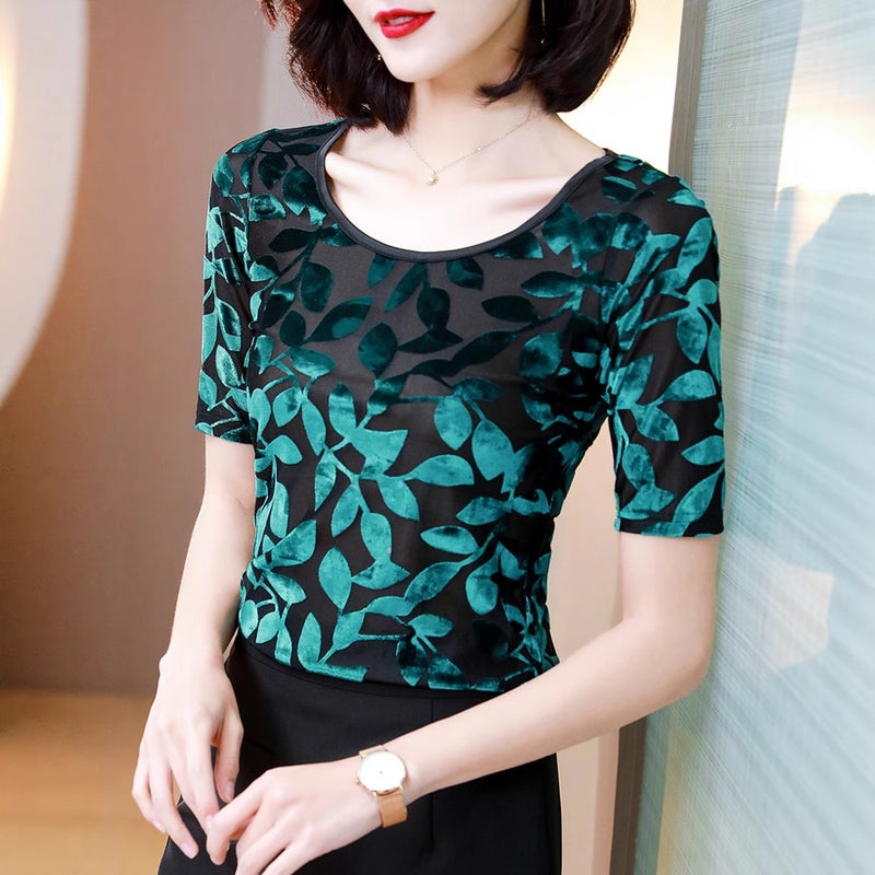 Real S Of New Round Neck Slim Fit Half-Sleeved Velvet Burnt Leaf Mesh T-Shirt For Women - Image 5