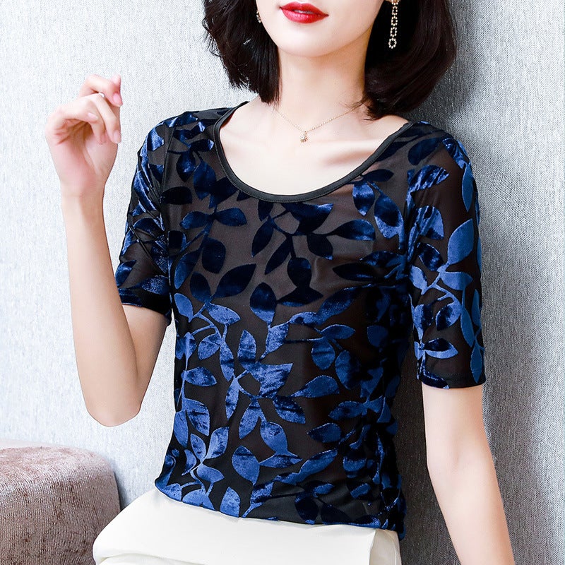 Real S Of New Round Neck Slim Fit Half-Sleeved Velvet Burnt Leaf Mesh T-Shirt For Women - Image 4