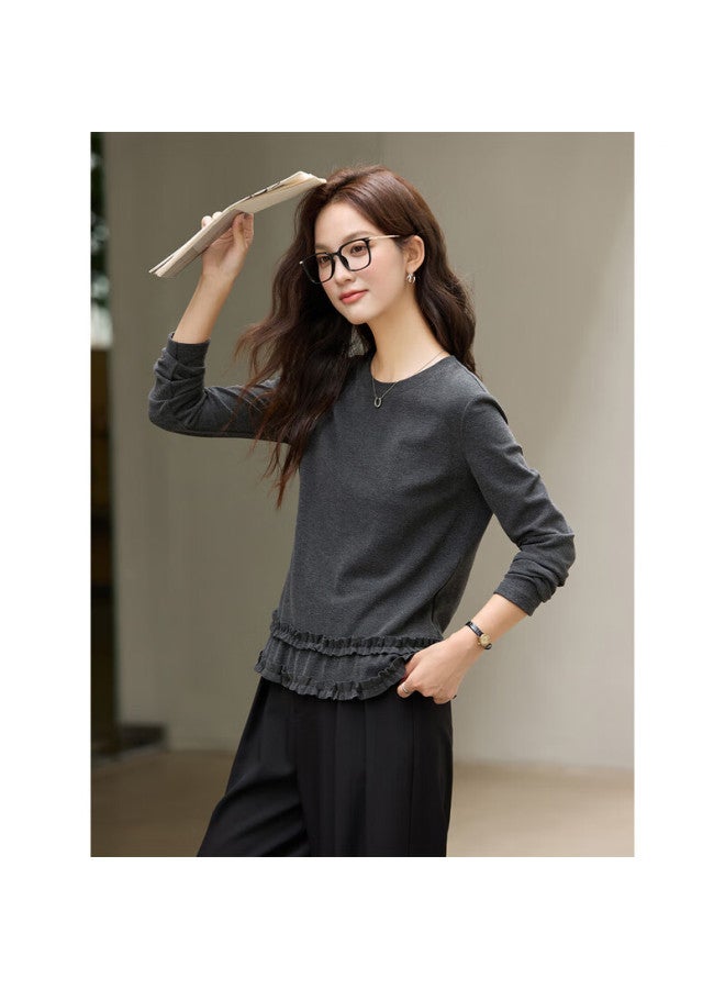 Fansiman Double-layer Ruffled Fleece T-shirt Women Winter New Straight Slim Fit Base Top Dark Gray L - Image 2