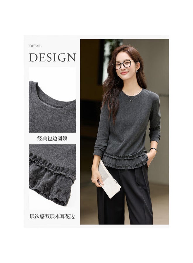 Fansiman Double-layer Ruffled Fleece T-shirt Women Winter New Straight Slim Fit Base Top Dark Gray L - Image 1