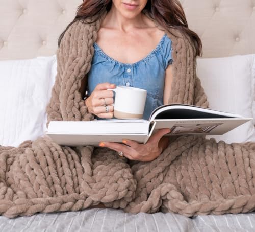 Samiah Luxe Chunky Knit Blanket Throw 50x60", Brown Chenille Chunky Knit Throw Blanket for Living Room Decor or Boho Decor, Thick Yarn Knitted Blankets for Couch or Bed, Cable Knitted Crochet Blankets - Image 1