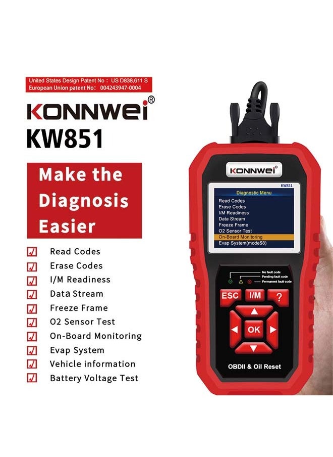 كونوي KONNWEI KW851 ماسح ضوئي تشخيصي للسيارات OBD + أداة إعادة ضبط ضوء الصيانة لصيانة السيارة وإعادة ضبطها - جهاز تشخيص وإعادة ضبط متعدد الوظائف لصيانة المركبات  - Image 1