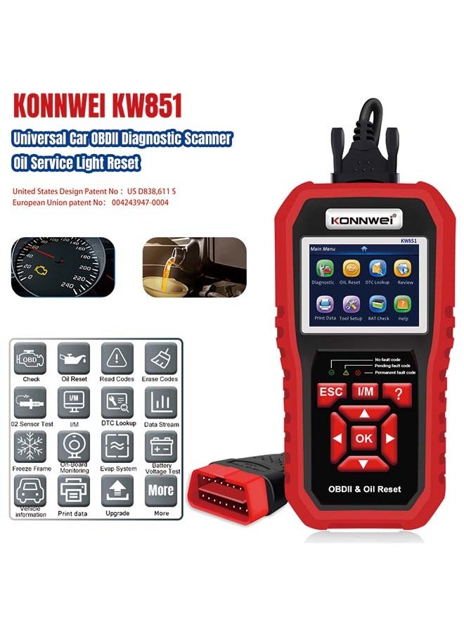 كونوي KONNWEI KW851 ماسح ضوئي تشخيصي للسيارات OBD + أداة إعادة ضبط ضوء الصيانة لصيانة السيارة وإعادة ضبطها - جهاز تشخيص وإعادة ضبط متعدد الوظائف لصيانة المركبات  - Image 2
