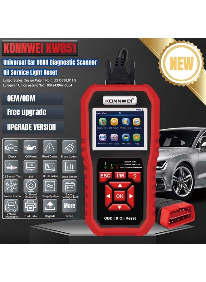 كونوي KONNWEI KW851 ماسح ضوئي تشخيصي للسيارات OBD + أداة إعادة ضبط ضوء الصيانة لصيانة السيارة وإعادة ضبطها - جهاز تشخيص وإعادة ضبط متعدد الوظائف لصيانة المركبات  - Image 3