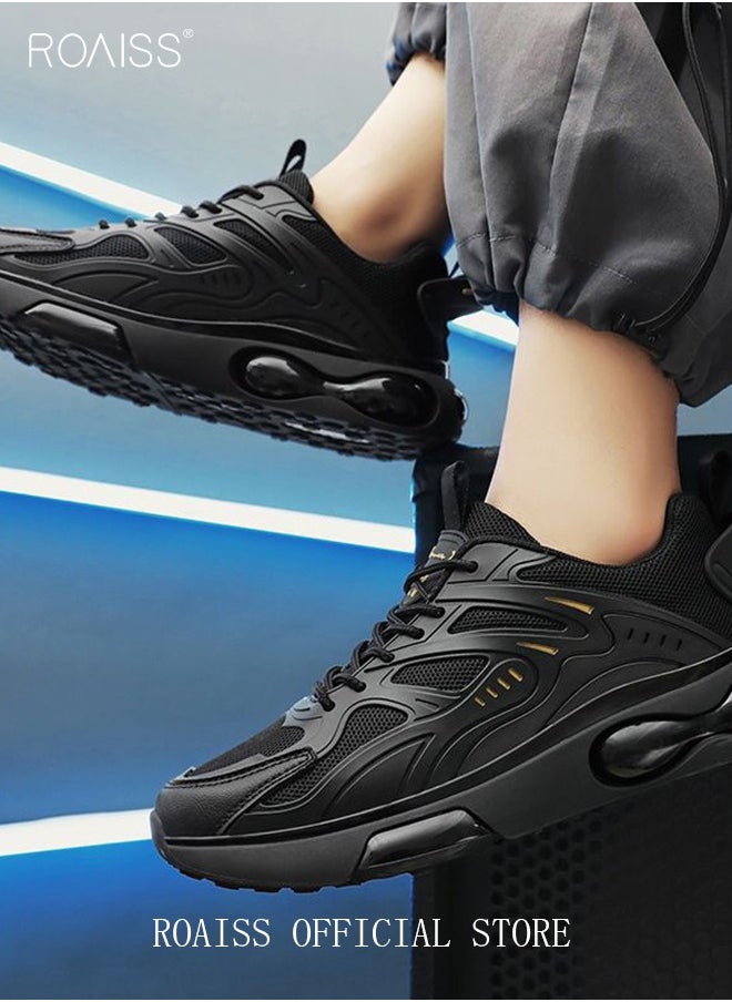 roaiss - Mens Stretch Air Cushion Running Shoes Handsome Lace up Sneakers Outdoor Non Slip Sport Shoes Men Trendy Casual Lightweight Comfy Walking Shoes for Young Men Teenagers Black Colorblock Sneakers - Image 1