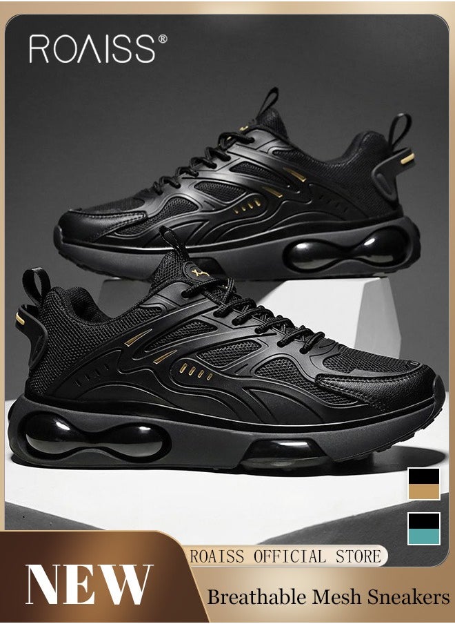 roaiss - Mens Stretch Air Cushion Running Shoes Handsome Lace up Sneakers Outdoor Non Slip Sport Shoes Men Trendy Casual Lightweight Comfy Walking Shoes for Young Men Teenagers Black Colorblock Sneakers - Image 1