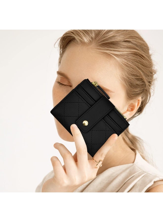 حافظة بطاقات نسائية – محفظة صغيرة ثنائية الطي مع تقنية حجب RFID – محفظة جيب أنيقة من الجلد للنساء والفتيات – محفظة قصيرة صغيرة (أسود) - Image 2