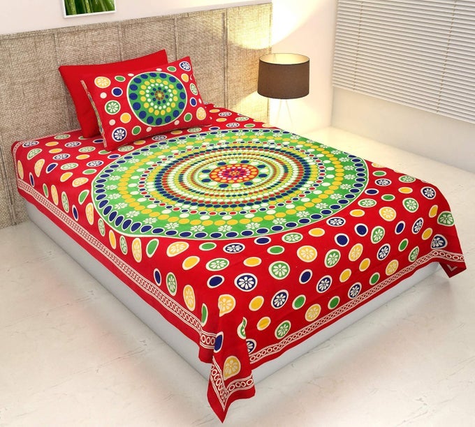 COTTON COMFORT RAJASTHANI JAIPURI TRADITIONAL SINGLE BED SHEET WITH ONE PILLOW COVER RED_137