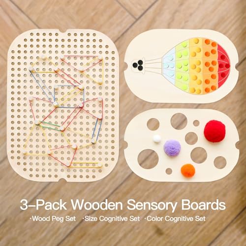 IEATFO 3Pack Wooden Sensory Boards Sensory Table Large and Small Storage Box Inserts Pegboard Size Color Cognitive Boards Accessories Include Wooden Pegs Elastics Pompoms - Image 5
