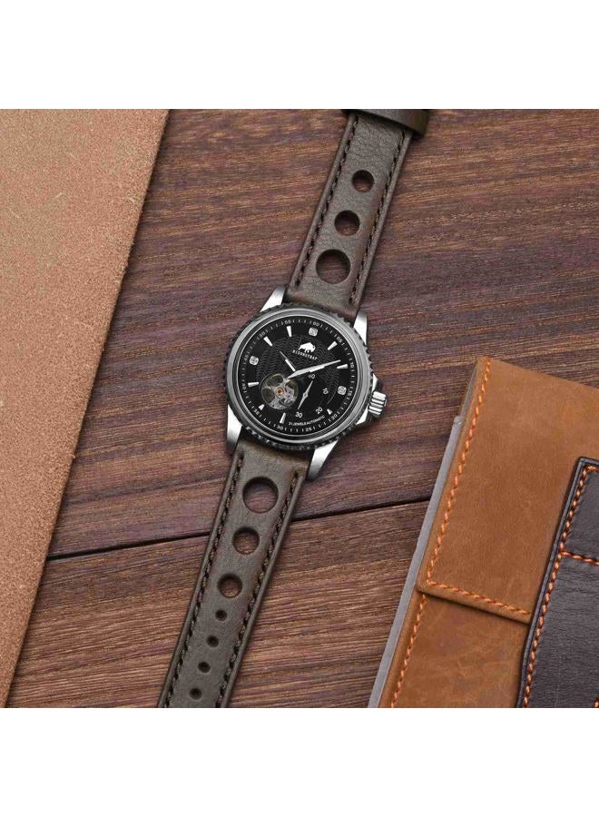 BISONSTRAP Rally Watch Bands, Waxed Leather Watch Straps for Men, 22mm, Taupe (Grey) with Black Buckle - Image 2