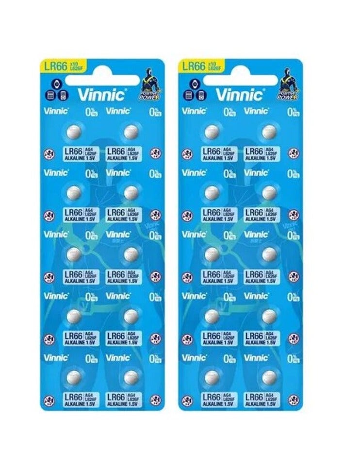 20-Pieces Vinnic AG4 (L626F) (LR66) Alkaline 0%Hg 1.5V Batteries