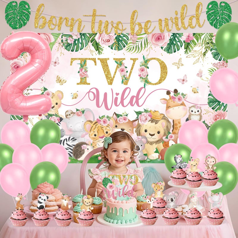 LUUFILx Two Wild Birthday Decorations Girl Pink Jungle Animal Theme 2nd Birthday Party Supplies Include Two Wild Backdrop Banner Balloons Cupcake Toppers for Girl 2 Year Old Safari Party Decor - Image 3