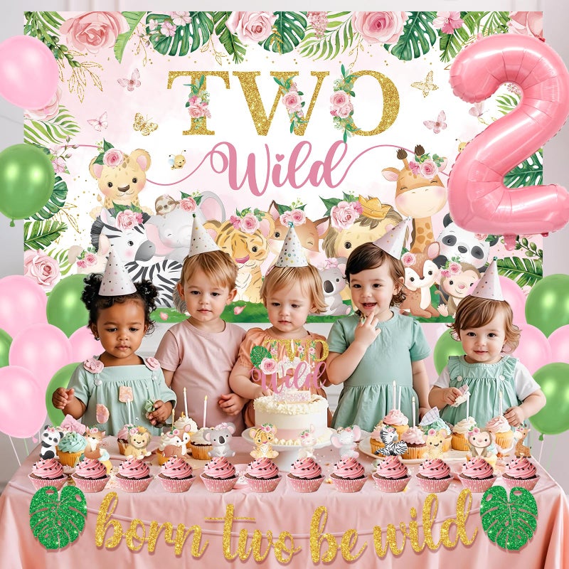 LUUFILx Two Wild Birthday Decorations Girl Pink Jungle Animal Theme 2nd Birthday Party Supplies Include Two Wild Backdrop Banner Balloons Cupcake Toppers for Girl 2 Year Old Safari Party Decor - Image 4