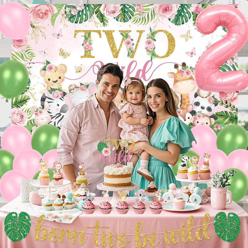 LUUFILx Two Wild Birthday Decorations Girl Pink Jungle Animal Theme 2nd Birthday Party Supplies Include Two Wild Backdrop Banner Balloons Cupcake Toppers for Girl 2 Year Old Safari Party Decor - Image 5