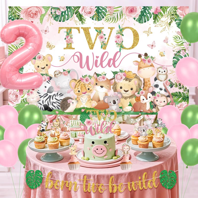 LUUFILx Two Wild Birthday Decorations Girl Pink Jungle Animal Theme 2nd Birthday Party Supplies Include Two Wild Backdrop Banner Balloons Cupcake Toppers for Girl 2 Year Old Safari Party Decor - Image 2
