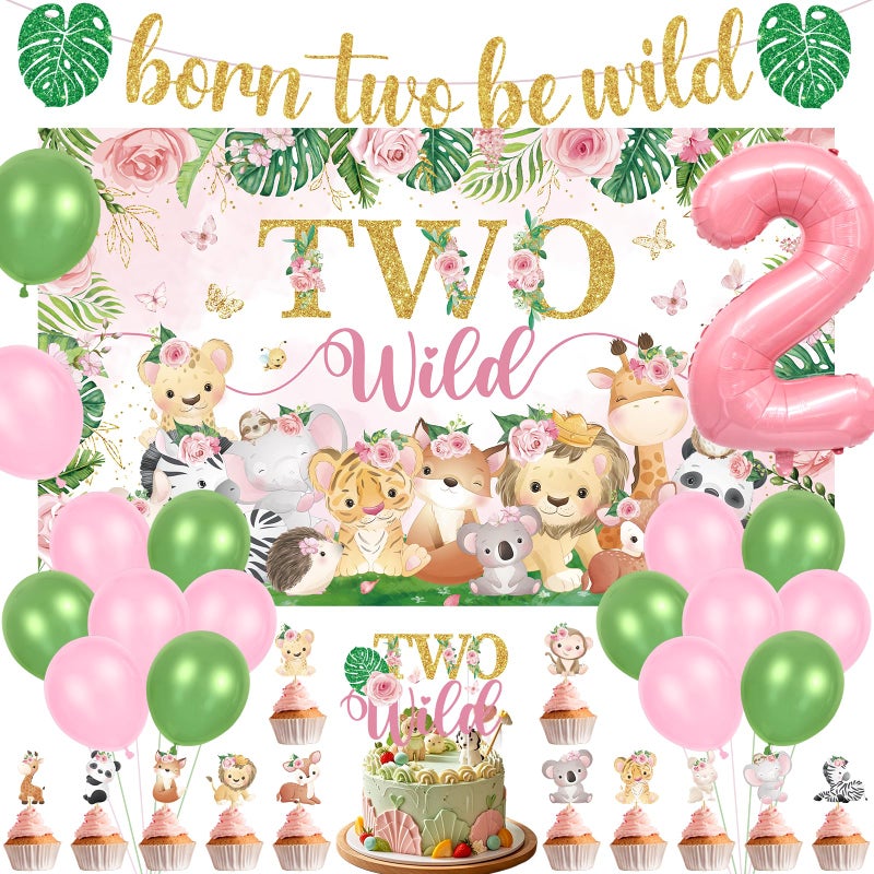 LUUFILx Two Wild Birthday Decorations Girl Pink Jungle Animal Theme 2nd Birthday Party Supplies Include Two Wild Backdrop Banner Balloons Cupcake Toppers for Girl 2 Year Old Safari Party Decor - Image 1
