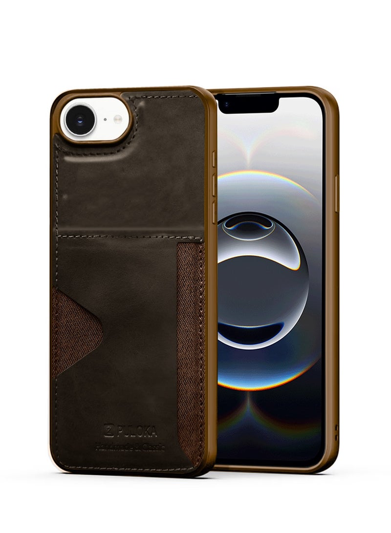 PULOKA Apple iPhone 16e 2025 PULOKA Card Holder Skin-feel PU Leather Back Silicone Sides Case Cover - Brown - Image 1