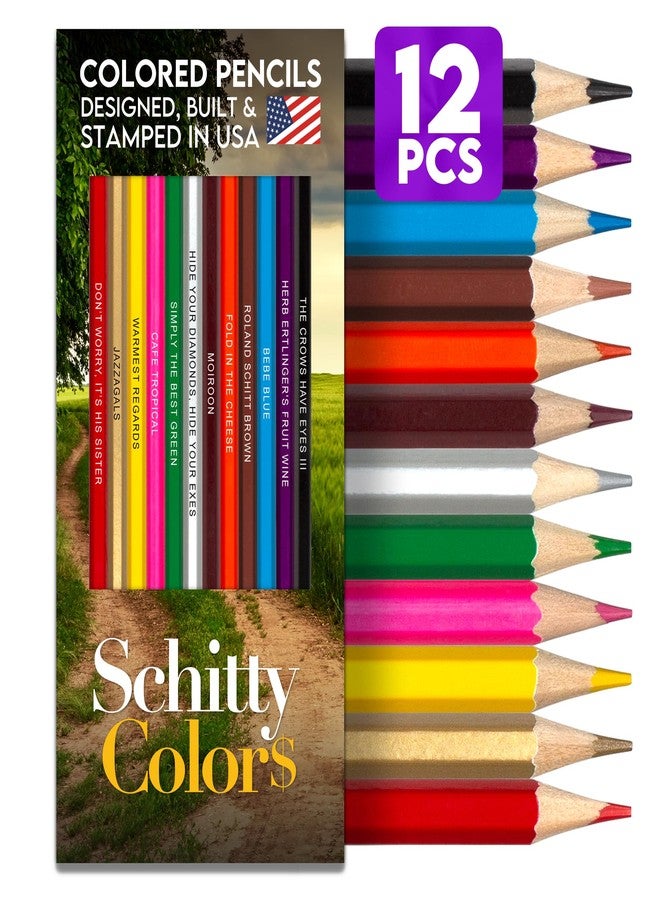 Pun Labs Colored Pencil Set, Schitty's Creek-Inspired, 12 Ct Pencils with Clever Foil-Stamped Sayings, TV Show Coloring Book for Adults, 5 Pages Included, Unique Fan Gifts, Schitts Creek-Merchandise - Image 1