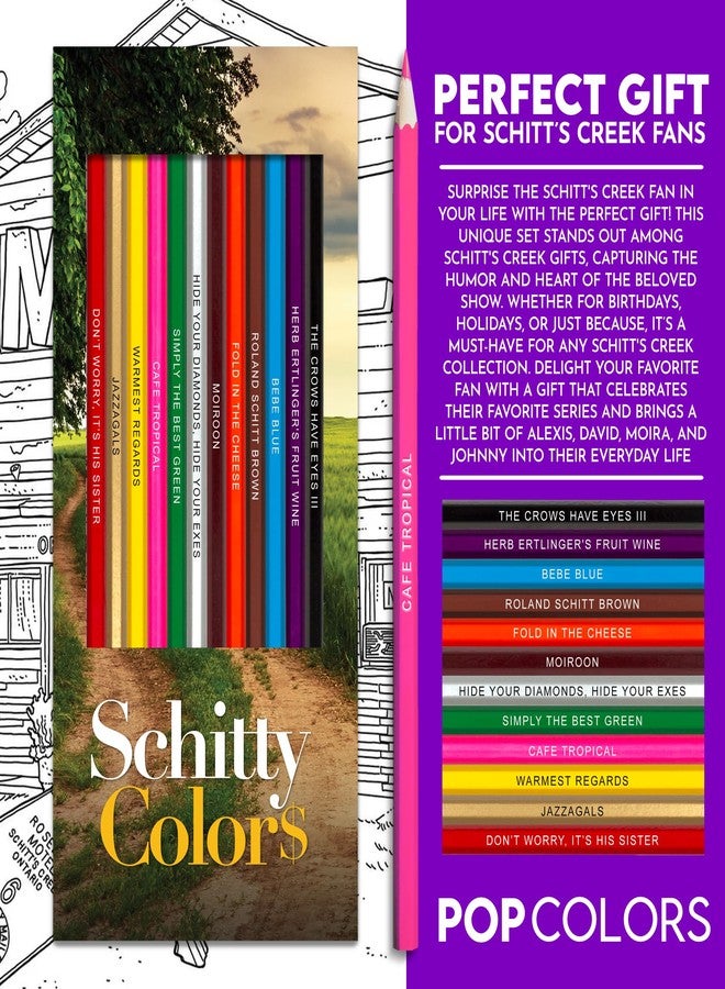 Pun Labs Colored Pencil Set, Schitty's Creek-Inspired, 12 Ct Pencils with Clever Foil-Stamped Sayings, TV Show Coloring Book for Adults, 5 Pages Included, Unique Fan Gifts, Schitts Creek-Merchandise - Image 4