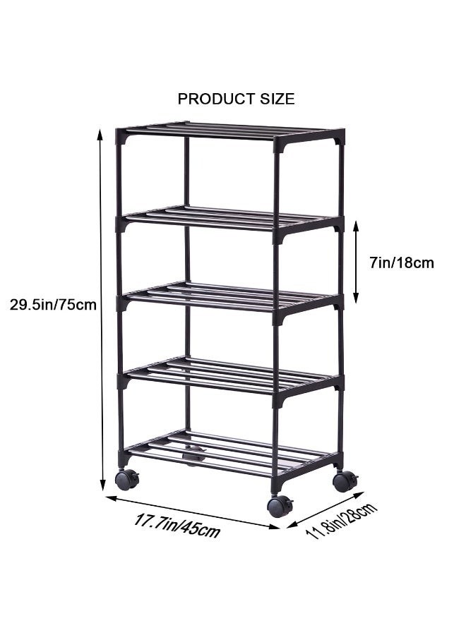 Small Shoe Rack with Wheels, Slide-Out Metal Shoe Racks Storage, Anti-Rust Coating, Stackable Design - 16.9W for Entryway, Kitchen, Living Room & Office - Black - Image 3