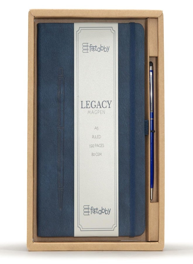 Kitabby | Legacy Magpen | A5 Size Hard Bound Notebook with Pen | 160 Pages | 100 gsm Natural Shade Paper | PU Leather Cover - (Navy Blue) - Image 1