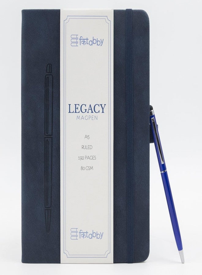 Kitabby | Legacy Magpen | A5 Size Hard Bound Notebook with Pen | 160 Pages | 100 gsm Natural Shade Paper | PU Leather Cover - (Navy Blue) - Image 2
