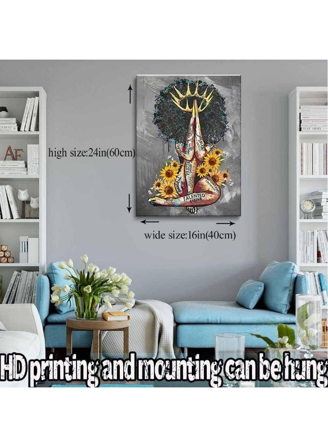 AKOTAC Framed African American Wall Art Black Queen Girl Praying Sunflower Portrait Gray Art Modern Abstract Canvas Prints Painting Artwork Wall Decor Home Decoration for Bedroom Living Room Ready to Hang - Image 2