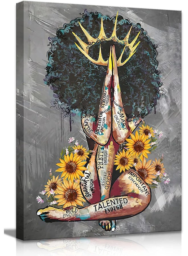 AKOTAC Framed African American Wall Art Black Queen Girl Praying Sunflower Portrait Gray Art Modern Abstract Canvas Prints Painting Artwork Wall Decor Home Decoration for Bedroom Living Room Ready to Hang - Image 1