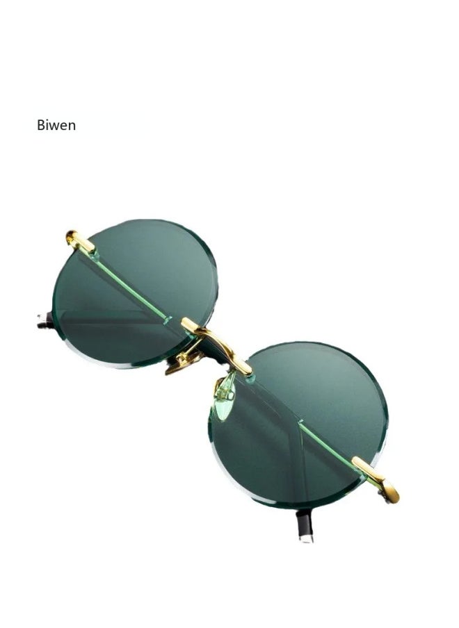 Generic - Green Crystal Stone Sunglasses Man Fashion Round Rimless Glass Sun Glasses Woman Mineral Lens Retro Quality gafas de sol hombre-Lenses Color:Gold - Image 1