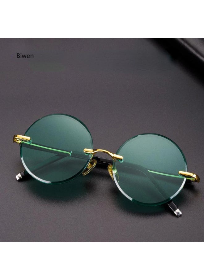 Generic - Green Crystal Stone Sunglasses Man Fashion Round Rimless Glass Sun Glasses Woman Mineral Lens Retro Quality gafas de sol hombre-Lenses Color:Gold - Image 1